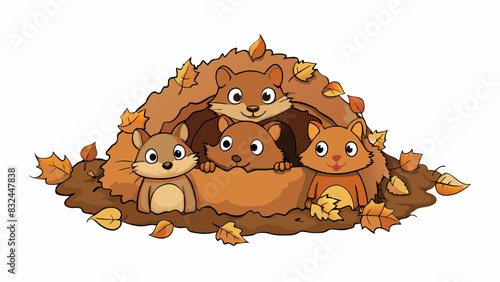 Hidden beneath a pile of fallen leaves a cozy burrow housed a family of squirrels. The intricate structure was made of twigs and leaves providing a. Cartoon Vector.