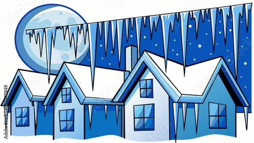 Icicles hanging from the rooftops sparkling in the moonlight and reflecting different shades of blue in the still frozen air.. Cartoon Vector.