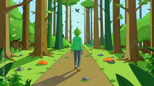 Imagine walking through a dense forest with towering trees surrounding you and a carpet of vibrant green moss under your feet. The air is alive with. Cartoon Vector.