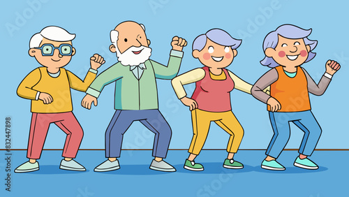 In a community center a group of seniors is participating in a dance class. They are all dressed in comfortable and loosefitting clothing with. Cartoon Vector.