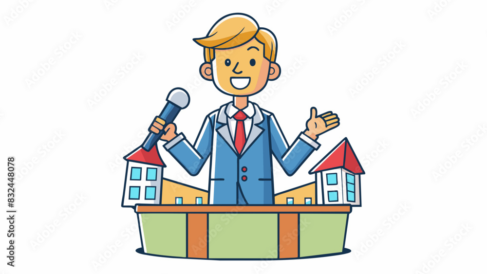 In community gatherings the councillor is often seen standing on a makeshift stage holding a microphone and delivering a passionate speech about their. Cartoon Vector. In community gatherings the councillor is often seen standing on a makeshift stage holding a microphone and delivering a passionate speech about their. Cartoon Vector.
