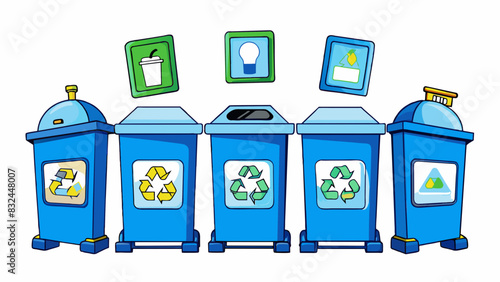 In a park a series of blue recycling bins are labeled with pictures and symbols representing different recyclable materials. The bins have. Cartoon Vector.