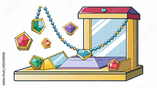 In a jewelry store a necklace with a faulty clasp falls apart causing the expensive gems to ter on the floor. The necklaces exception is its easily. Cartoon Vector.