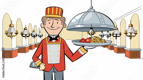 In a grand dining hall a servant can be spotted dressed in a crisply pressed uniform holding a large silver platter piled high with exquisite. Cartoon Vector.