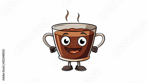 In a small glass cup black coffee glistens under the morning sun. Its deep brown color hints at its bold and robust flavor while its steam dances. Cartoon Vector.