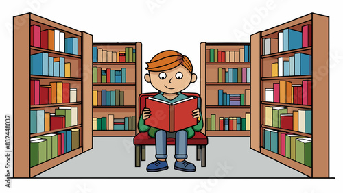 In a quiet corner of a library a writer can be spotted surrounded by towering bookshelves. They are completely absorbed in the pages of a book. Cartoon Vector.
