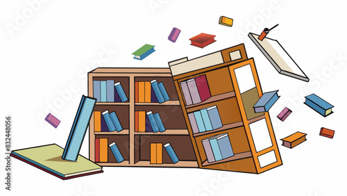 In a school library a shelf that holds books suddenly collapses sending books flying across the room. The shelfs exception is its weak structure. Cartoon Vector.