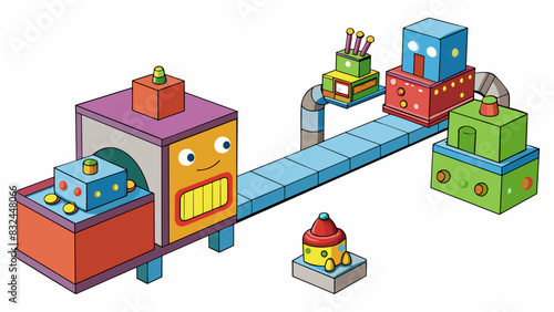 In a toy factory a machine that is supposed to wrap each toy in a plastic cover suddenly malfunctions causing the toys to be exposed to the elements.. Cartoon Vector.