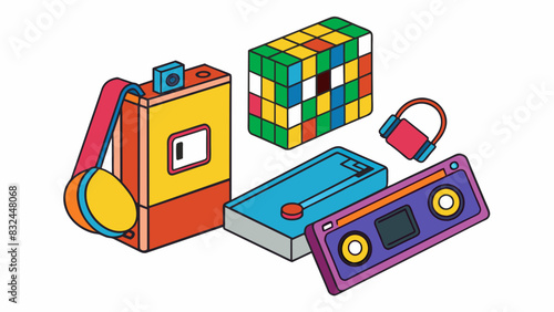 In contrast to the groovy 70s the 1980s were full of bold colors and technology. The illustration features a chunky cassette tape player a bulky cell. Cartoon Vector.