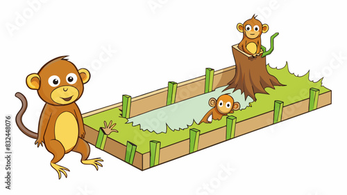 In a zoo an enclosure for monkeys has a hole in the fence allowing the monkeys to escape and roam freely. The fences exception is the accidental. Cartoon Vector.