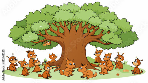 In the center of the forest a large group of squirrels were gathered chattering and scampering around a towering oak tree. The tree had gnarled roots. Cartoon Vector.