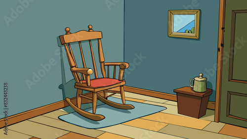 In the corner of a cozy living room there is a sy wooden rocking chair. Its polished surface is scratched and worn in places evidence of its frequent. Cartoon Vector.