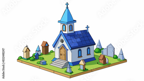 In the center of a tiny village a blue and white church steeple reaches towards the sky. Its wooden siding is chipped and faded but its stained glass. Cartoon Vector.