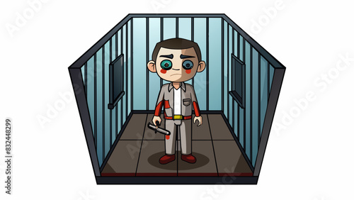 In the dimly lit cell the second prisoner sat huddled in the corner. He was a skinny man with pale sunken and hollow eyes. His clothes were tattered. Cartoon Vector.