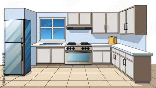 Internal A kitchen with modern appliances and sleek granite countertops. The cabinets are a crisp white and neatly organized with silver handles. Cartoon Vector.