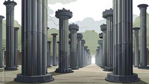 Large towering pillars rise from the mar resembling tree trunks with nches or foliage. They are made of a smooth glossy black material reflecting the. Cartoon Vector.