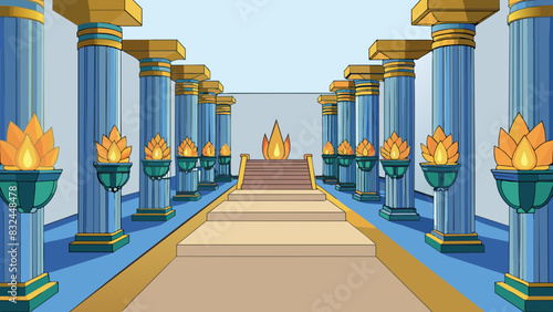 Inside the temple rows of tall pillars with lotus flower shaped tops lined the walls creating a grand and impressive entrance. The smooth polished. Cartoon Vector.
