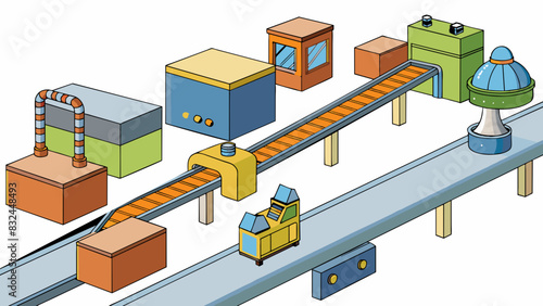 Inside the factory long conveyor belts run through the space transporting small objects from one end to the other. Each belt is equipped with robotic. Cartoon Vector.