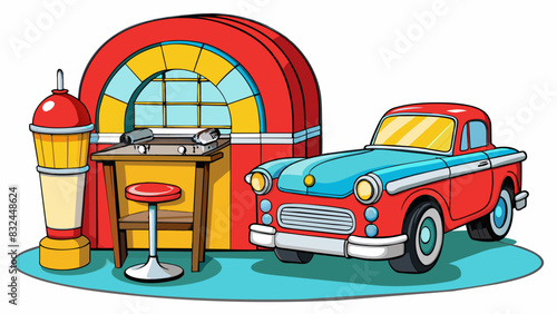 Moving on to the 1950s the next illustration captures the classic Americana feel of the decade. A brightly colored jukebox takes center stage. Cartoon Vector.