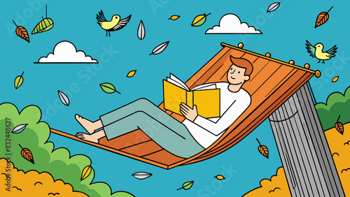 Lying in a hammock balancing a thick hardcover book on the readers chest as they gaze up at the leaves rustling in the trees. The peaceful sound of. Cartoon Vector.
