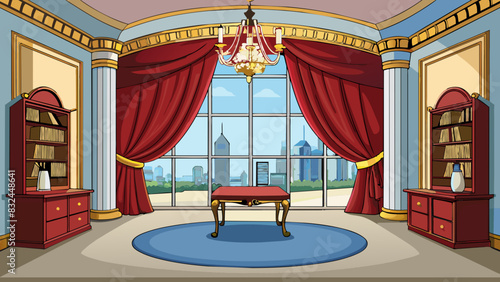 Madams office was a picture of sophistication with plush velvet curtains framing the large bay window overlooking the city. A grand chandelier hung. Cartoon Vector.