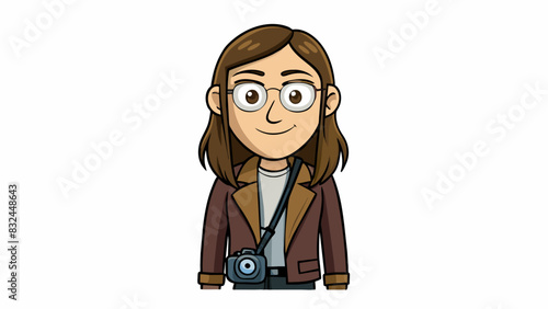 Nick is a woman with long dark hair hoop earrings and a leather jacket. She has a messenger bag slung across her body and a camera in hand ready to. Cartoon Vector.