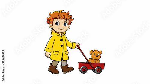 Nick is a boy with curly reddishbrown hair freckles across his nose and a bright yellow raincoat. He has a large worn teddy bear tucked under his arm. Cartoon Vector.