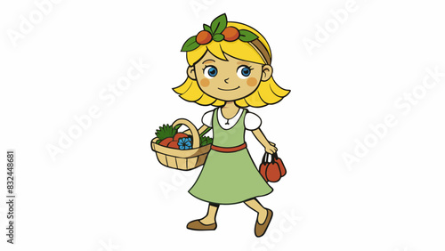 Nick is a girl with a short blonde bob a flower crown and a flowy dress. She carries a woven basket filled with fresh produce and a reusable water. Cartoon Vector.