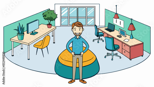 Our second employer is a young man in his early thirties with a casual and approachable appearance. His office is open and airy with a communal work. Cartoon Vector.