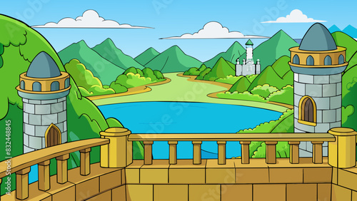 Peering out at the horizon from the broad balcony of the old castle one can see for miles in every direction with rolling green hills and sparkling. Cartoon Vector.