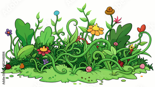 Overgrown garden Wild and tangled greenery covering up colorful blooms and crowding out other plants creating a messy and unorganized appearance.. Cartoon Vector.