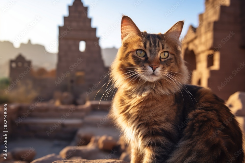 Fototapeta premium Portrait of a smiling somali cat isolated on backdrop of ancient ruins