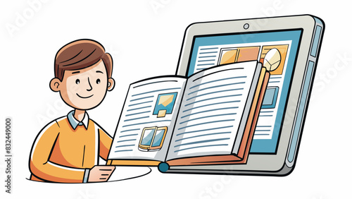 Scrolling through an ereader or tablet swiping left and right to turn the digital pages. The bright screen illuminates the readers face as they. Cartoon Vector.