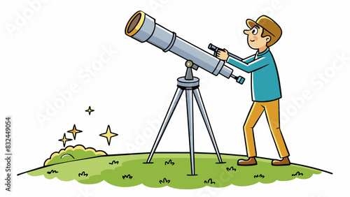 Shooting for the stars An amateur astronomer setting up his telescope on a hill trying to aim it towards the bright stars in the night sky. The. Cartoon Vector.