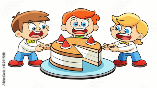 Siblings quarreling over who gets the bigger slice of cake both examining the slices for any minuscule differences in size and shape.. Cartoon Vector.