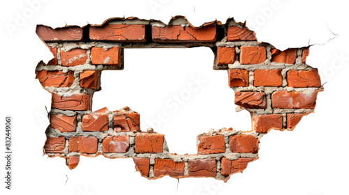 Hole breaking through a red brick wall