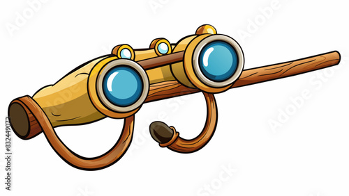 Sitting atop a tree branch Scout is a pair of binoculars with black rubber grips and a long slender neck. Its lenses are large and perfectly round. Cartoon Vector.