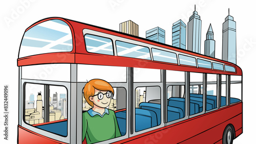 Sitting in an upper seat on a doubledecker bus you have a clear view of the surrounding cityscape. The elevated position gives a sense of importance. Cartoon Vector.