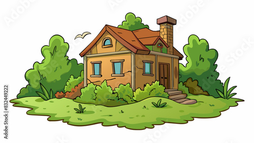 The abandoned house stood silent and empty its dry dusty walls a stark contrast to the lush greenery surrounding it.. Cartoon Vector.