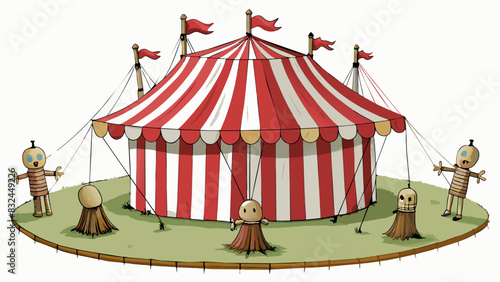 The abandoned carnival tent stood out amidst the empty field its tattered striped fabric flapping in the wind. As she stepped inside she was greeted. Cartoon Vector.