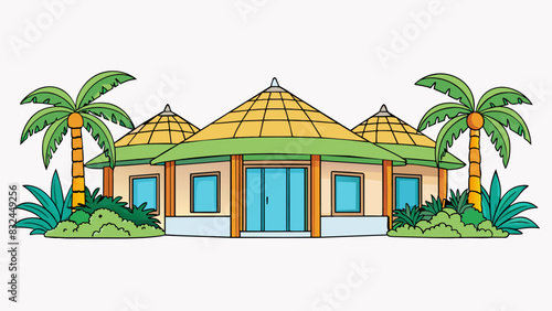 The architecture in the tropical region is heavily influenced by the hot and humid climate. Houses are built with high ceilings and large windows to. Cartoon Vector.