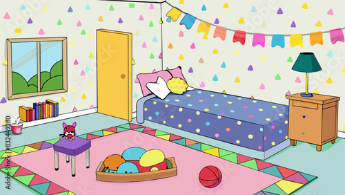 The bedroom had a playful theme with brightly colored patterned wallpaper and string lights hanging above the bed. A bean bag chair sat in one corner. Cartoon Vector.