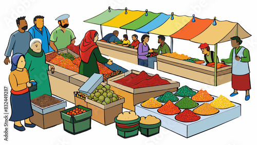 The aroma of savory es wafts through the bustling marketplace where vendors carefully display their colorful arrays of herbs and seasonings.. Cartoon Vector.