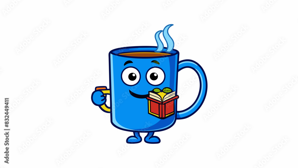 Naklejka premium The bright blue mug accompanies the bookworm on their reading adventures always filled with a steaming cup of tea. Its handle is comfortably curved to. Cartoon Vector.