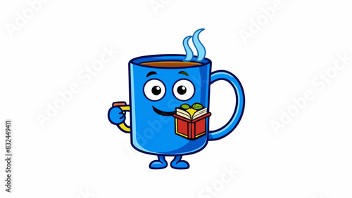 The bright blue mug accompanies the bookworm on their reading adventures always filled with a steaming cup of tea. Its handle is comfortably curved to. Cartoon Vector.