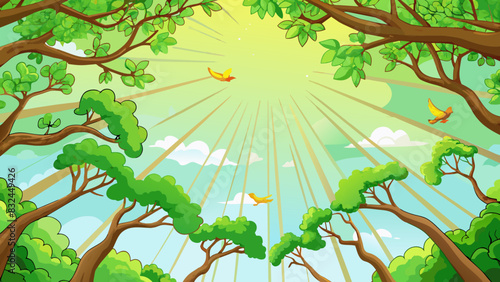 The branches of the trees were quickly rep with lush green leaves. The suns warm rays danced through the gaps creating a whimsical pattern on the. Cartoon Vector.