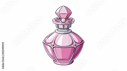 The bottle of perfume was made of clear glass with a delicate ornate stopper on top. The liquid inside was a soft pink hue and had a subtle floral. Cartoon Vector.