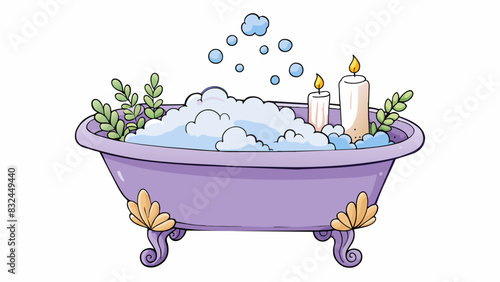 The bubble bath is filled with soft foamy bubbles and the warm water is scented with lavender and chamomile. The soft candlelight dances on the. Cartoon Vector.