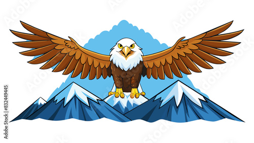 The broad wings of the majestic bald eagle span almost six feet glinting in the sunlight as it soars high above the snowy mountain peaks.. Cartoon Vector.