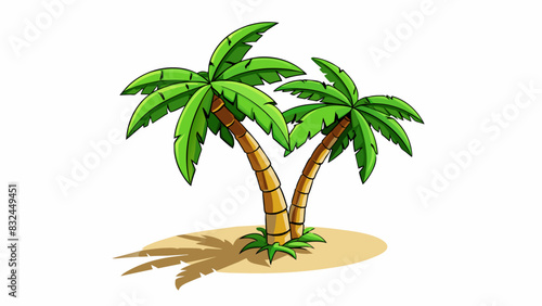 The broad leaves of the palm tree sway gently in the warm ocean breeze casting dappled shadows on the sandy beach below.. Cartoon Vector.